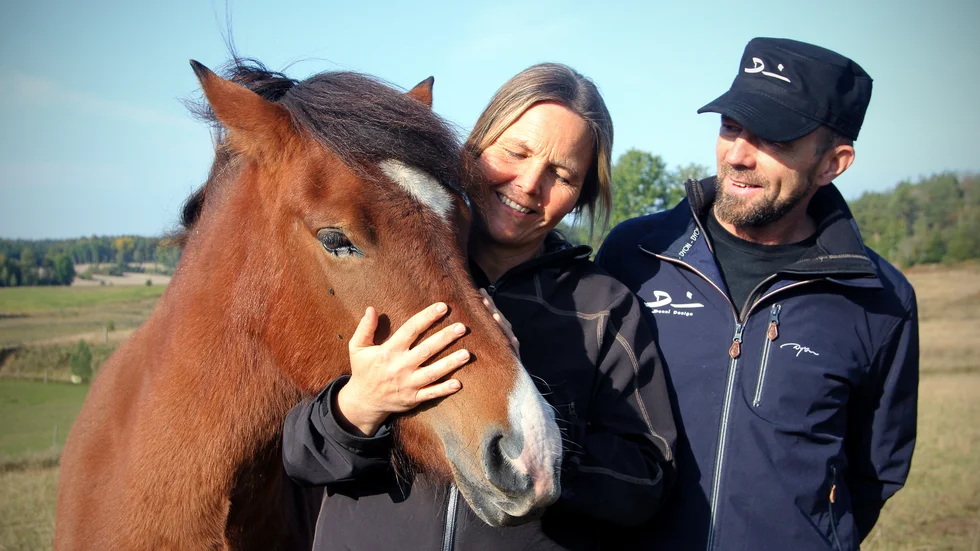 Denni Hauksson och Ia Lindholm, här tillsammans med Safira, har levt för islandshästar i hela sina liv. Sedan 17 år har de bott och ägnat sig åt sin passion på Lindnäs gård utanför Malmköping.