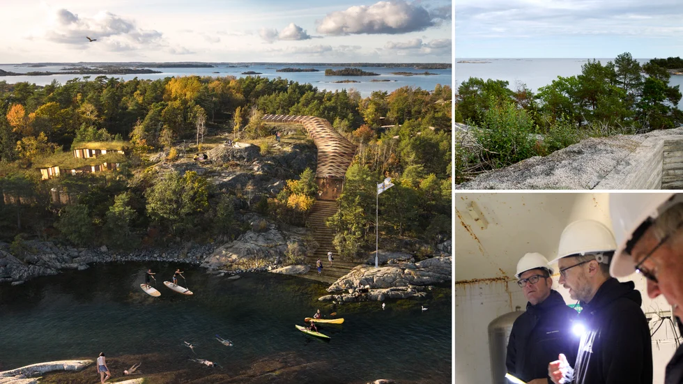 Till vänster syns en skiss över hur ägaren vill bygga och locka både året runt-boende och turister. Till höger syns bilder från en visning av ön med gäster från kommun och länsstyrelsen bland annat.