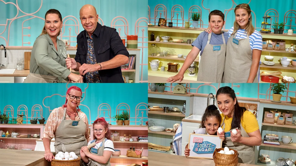 Från vänster: Domare Linn Utbult, programledare Lasse Kronér. I första programmet tävlar Fabian och Johanna, Linda och Miranda och Selma och Ayse. Pressbild.