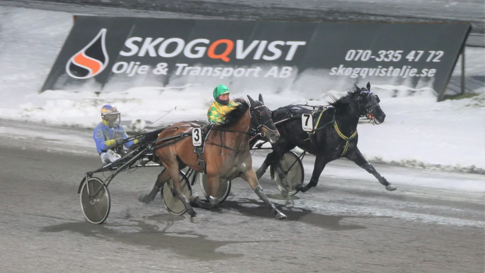 Skrällen är på väg att bli ett faktum. Utvändige 33-oddsaren Highly Lovely (Krister Söderholm) är på väg att slå hovarna i andrahandsfavoriten Merrimac S.G (Roger Nilsson).