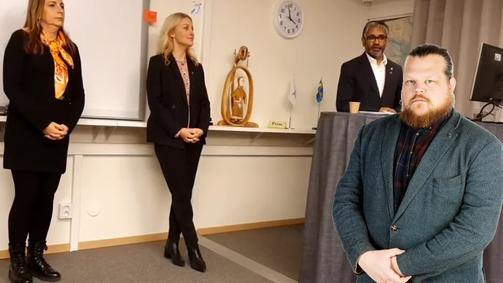 Sana Suljanovic (M), Emma Engelmark (S) och Fredrik Hansson (S) på torsdagens pressträff.