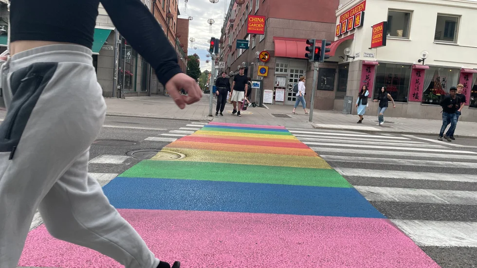 Cykelpassagen över Kungsgatan mellan musikaffären och Gunnar Leches park mot Bredgränd är målad.