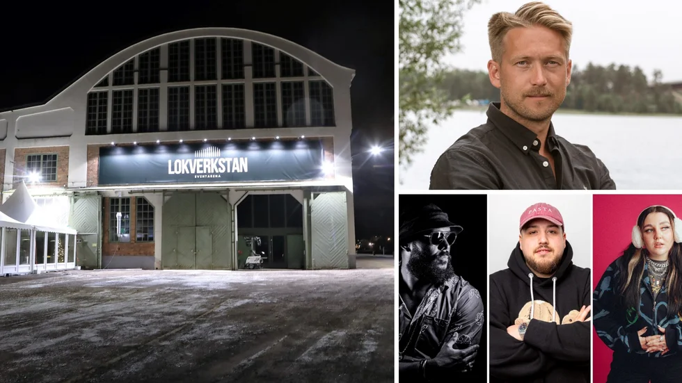 En konsert i Motala har flyttats från Lokverkstan till Harrys.
Jonny Johansson (överst till höger),vd för en av arrangörerna, Play Reklam & Event AB, förklarar att det är en markering mot biljettköpare i den yngre målgruppen. I konserten medverkar artisterna i montaget nederst till höger, nämligen (från vänster) Kaliffa, Anis Don Demina samt Bell. Lokverkstanbilden är en arkivbild.