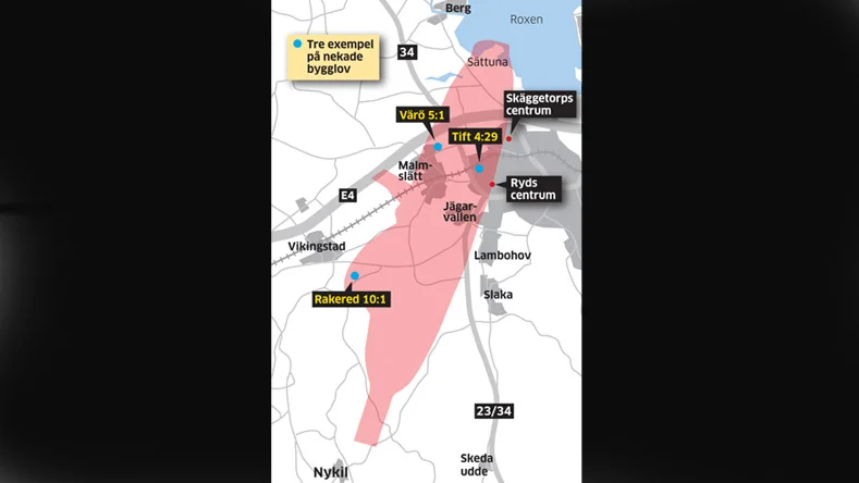 Område som Försvarsmakten bedömer att ljudutbredningen från flygningar överstiger 80 dB (A). Grafik: HANS FROMINDER