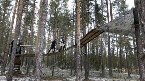 Planen var att bara besöka två rum, men kronprinsessparet ville se alla. Victoria och Daniel lär ha tyckt att trädhotellet var jättehäftigt, lekfullt och spännande.<_Bildtext Fotobyline>FOTO: Göran Ström</_Bildtext Fotobyline>