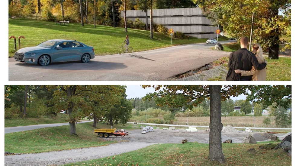 P-huset kan bli fyra våningar högt. Skissen ritad av Norconsult. Nedan bild från del av området i Eldsund där flerfamiljshus och radhus kan byggas.
