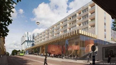 Planerad ombyggnad av Sivia torg vy från Vaksalagatan. Till höger syns en planerad trappa mot gångstråket till Resecentrum.