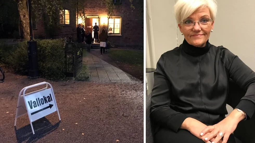Vallokalen i Odinslund strax före stängning. Anki Bondesson, kyrkovalledare.