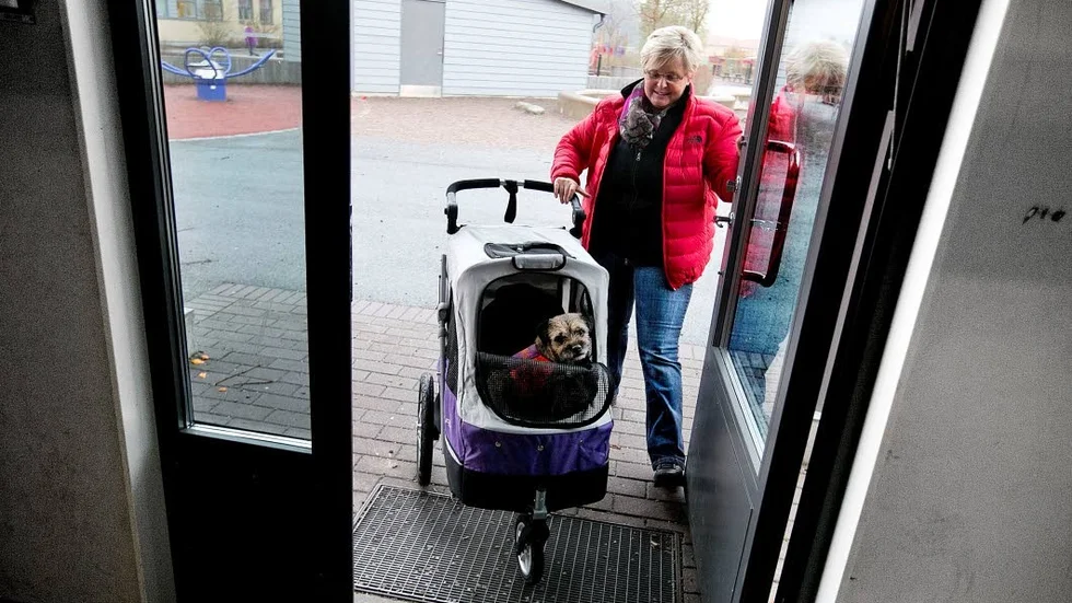 Agnes ägare Lena Johnsson transporterar sin läshund in i Västra Stenhagenskolan.