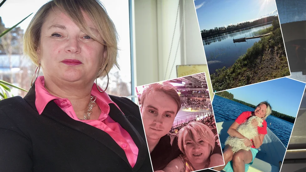 Anna-Lena Andersson säger att hon hämtar energi hos familjen, med hunden i skog och mark och på resor. Stugan i Malå och hockey med yngsta sonen ger också energi.