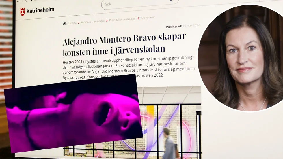 Kommunen berättade om ett nytt konstverk, samtidigt som man länkade till konstnärens hemsida, som i sin tur innehöll pornografiskt innehåll. Till höger syns också Sari Eriksson.