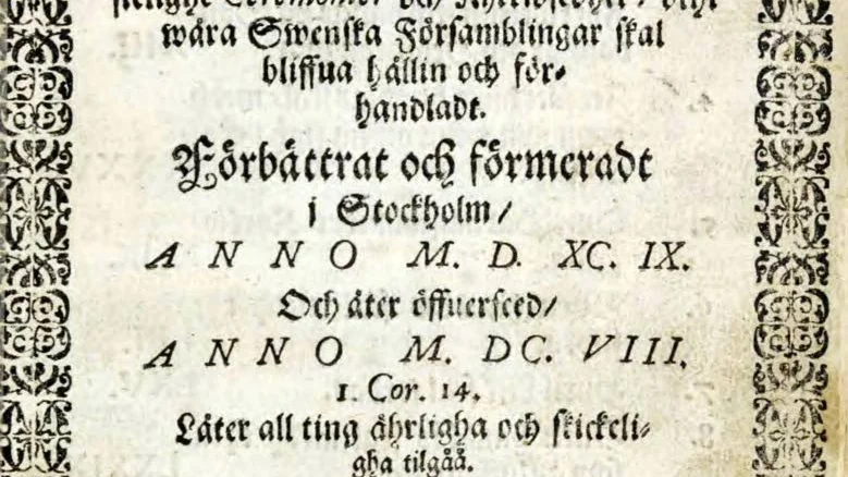 Handbok. I morgon söndag firas gudstjänst i Torsvi kyrka enligt ordningen från 1614. Bilden visar försättsbladet till handboken.