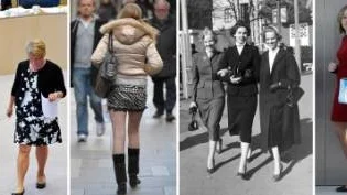 Kjolen - ett politiskt plagg. Från vänster: 1. Mona Sahlin och Maud Olofsson i riksdagen. 2. Gatumode i Stockholm. 3. Tre kvinnor på Gröna lund 1953. 4. Två affärskvinnor i Bryssel.