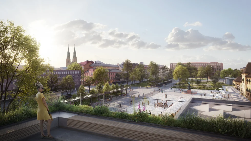 Utsikt från takterrassen på det planerade nya stationshuset, i riktning mot Stadshuset. Taket på dagens terminal syns i bildens högra nederkant. 