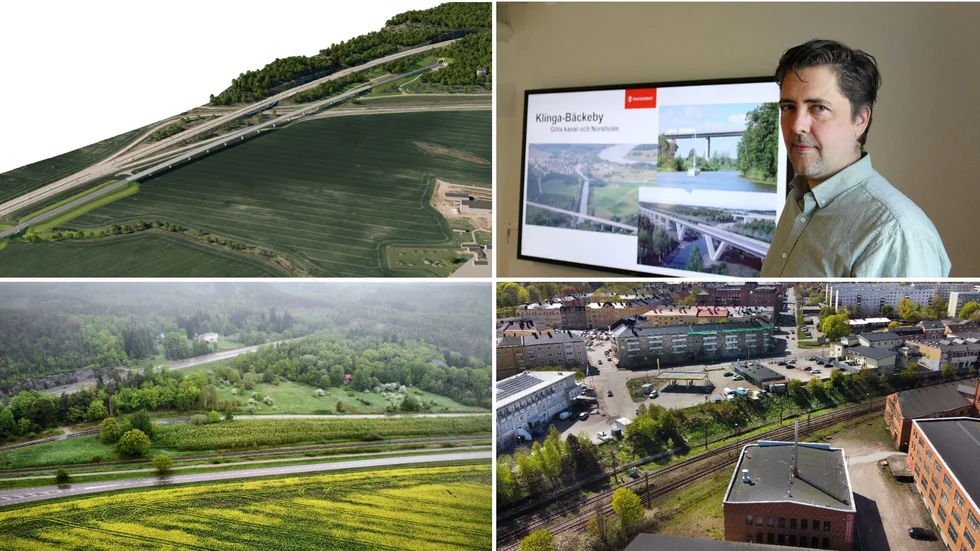 Daniel Palm är projektledaren som ska lotsa Ostlänkens tunnlar genom Kolmårdens känsliga miljö och ut under Norrköping. Till vänster är platsen vid Stenkullen med Kolmårdstunnelns mynning. Längst ner till höger i Bergslagsgatans förlängning där tunneln ut från Norrköping ska gå ner.