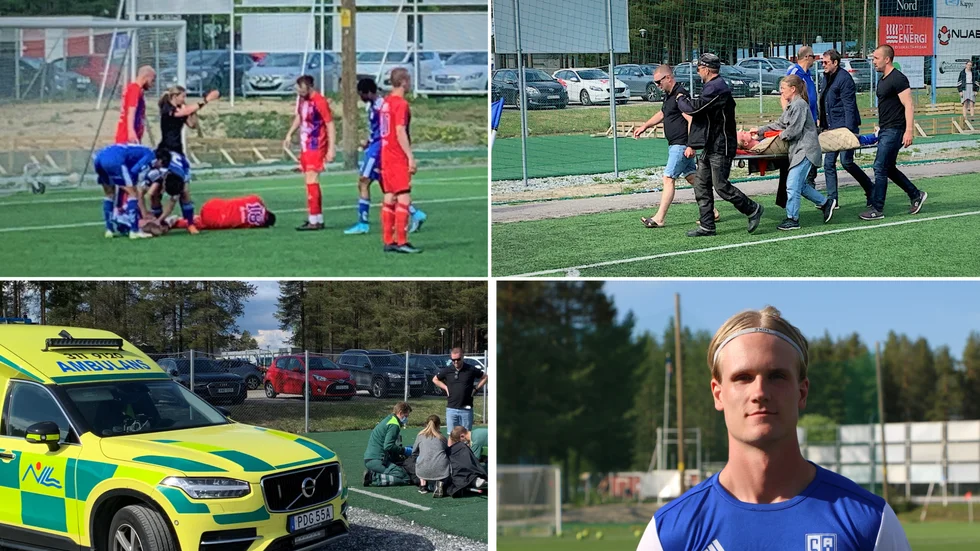Dramatiska scener på Hedens idrottsplats då hemmaspelaren Lukas Eriksson skadades allvarligt för att sedan föras i iltransport till Skellefteå med ambulans.