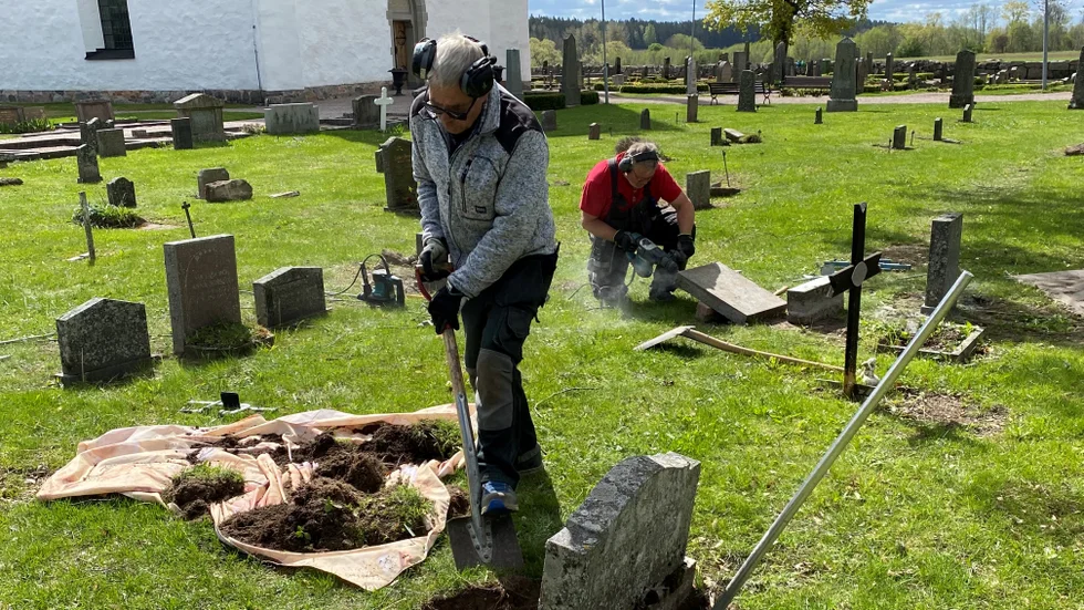 Gravvårds- och kulturarbetarna Kjell Johansson och Bosse Norén har under våren jobbat med att rädda 150 gravstenar och träkors på kyrkogården i Tierps kyrkby för framtiden.