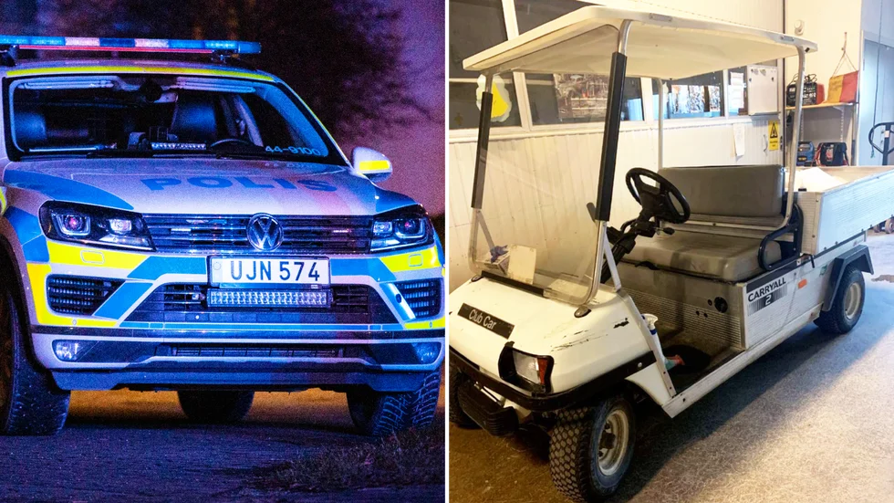 Golfbilen till höger är den som användes av 42-åringen. Bilden är tagen ur polisens förundersökning. Till vänster en polisbil från ett annat tillfälle.