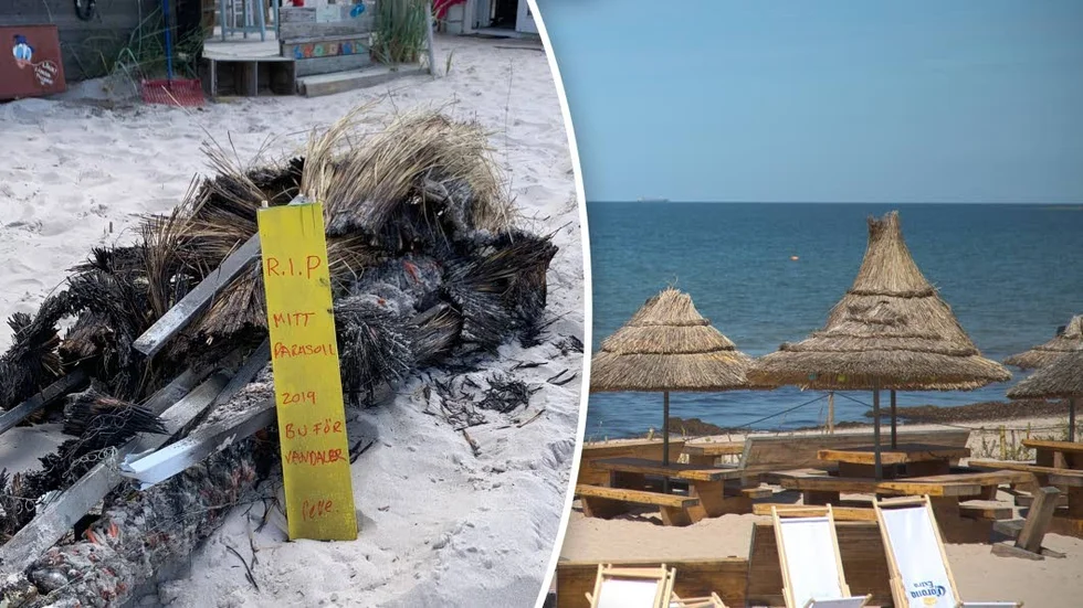 Stråparasollet som nu är uppbränt tillverkades av strandgrillens ägare under vinterhalvåret.