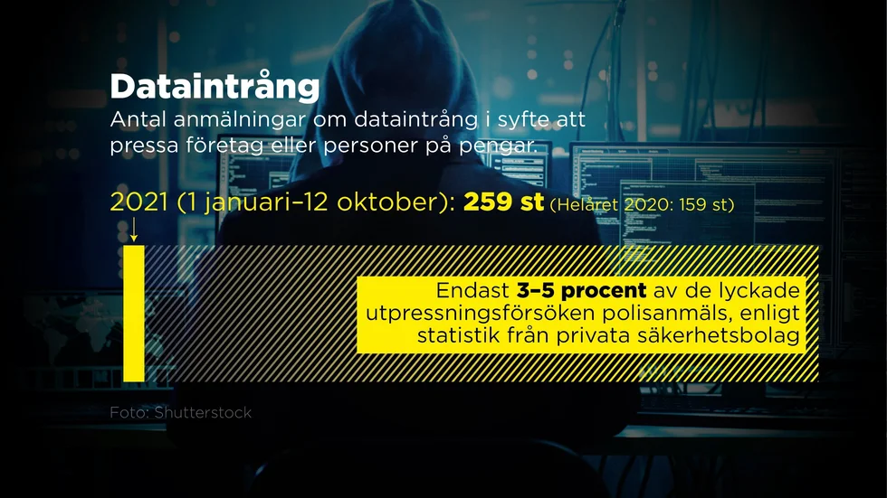 Få företag som utsätts för it-attacker i utpressningssyfte berättar vad som har hänt. Högst fem procent av företagen polisanmäler händelsen, enligt statistik från privata säkerhetsbolag.