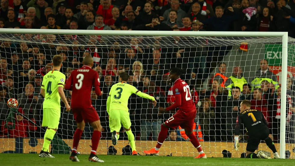 Liverpools Divock Origi nickar in hörnan som skickar laget till Champions League-finalen. Arkivbild.