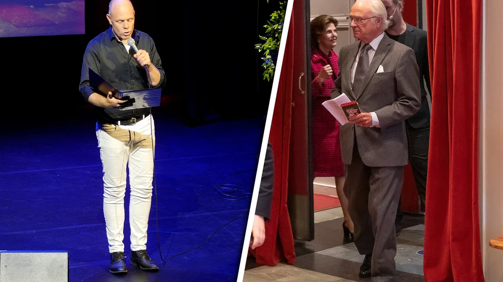Jacke Sjödin hälsade kungaparet välkomna med en specialskriven dikt. Bilden är ett montage.