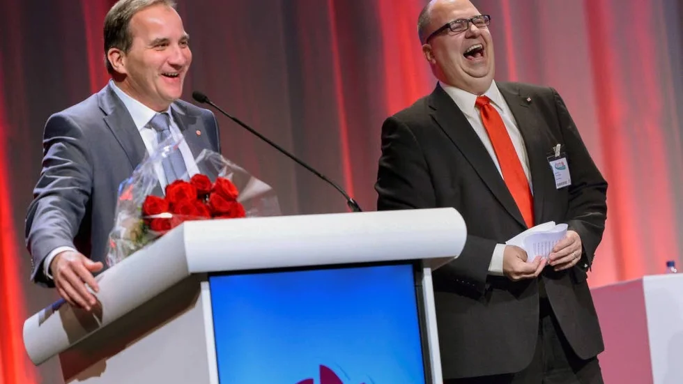 KOMPISAR. Statsminister Stefan Löfven (S) och LO:s ordförande Karl-Petter Thorwaldsson vid en socialdemokratisk partikongress.