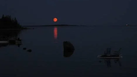 Skymning i Sikörviken, Bondön. Månen lyser över barnens flotte som flyter lugnt efter dagens lek. Bilden tagen den 3 augusti klockan 21.41