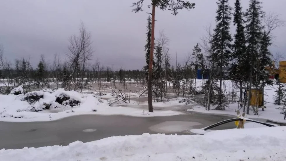 BLÖTT. Tapulivuoma, synbart blötlagd, sett söderut från tillfatsväg och klarningsbassäng.