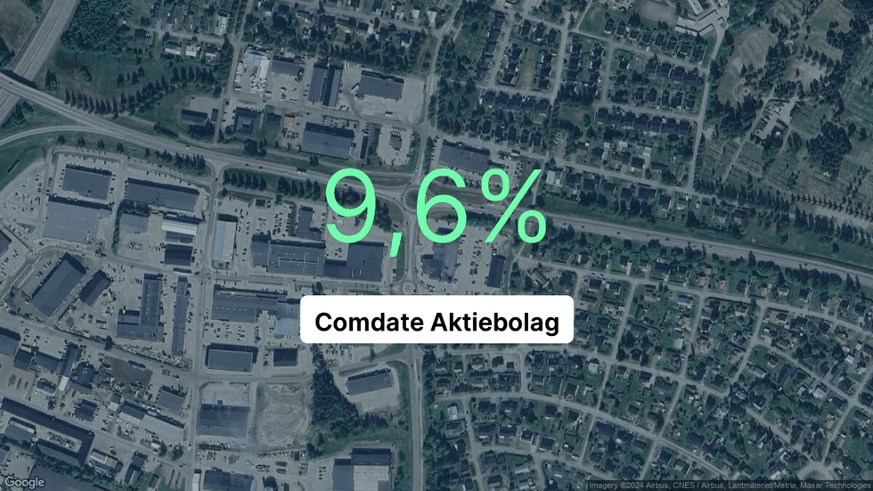 Illustrationen visar rörelsemarginalen för Comdate för det senaste året. Bakgrunden är en satellitbild över företagets adress.