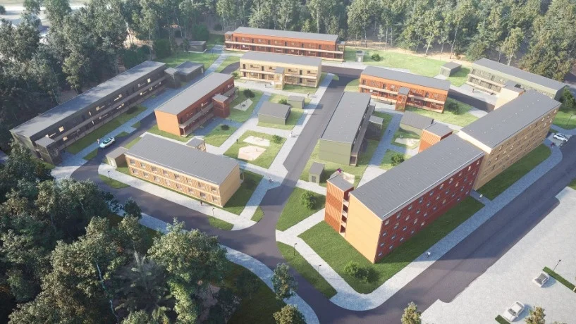 Så ska modulhusen byggas upp i Myckle. De två närmaste i bild, placerade mot norr, blir fyra våningar. Övriga blir två våningar. 