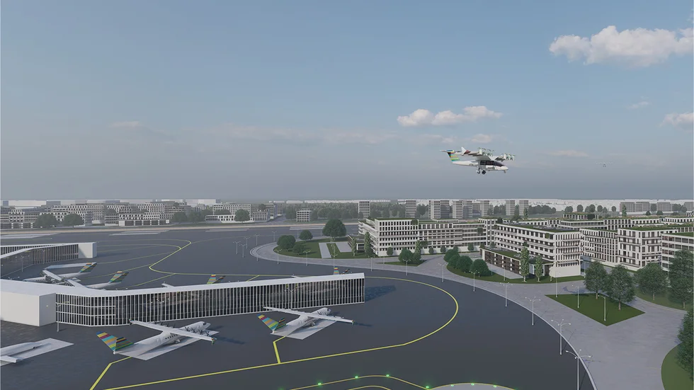 Vision från flygbolaget BRA. Vy mot väster. Till höger ser man hur nya Bällsta växer in när flygplatsen krymper. Med tysta och utsläppsfria flygplan kan man bygga nära. I bakgrunden på andra sidan ligger landningsbanan – nya Linta.