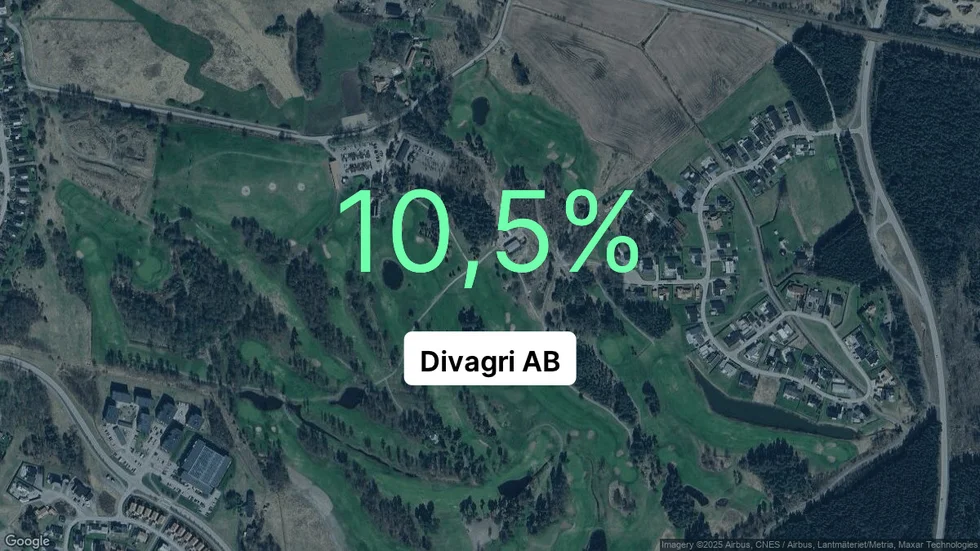 Illustrationen visar rörelsemarginalen för Divagri för det senaste året. Bakgrunden är en satellitbild över företagets adress.