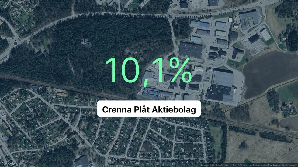 Illustrationen visar rörelsemarginalen för Crenna Plåt för det senaste året. Bakgrunden är en satellitbild över företagets adress.