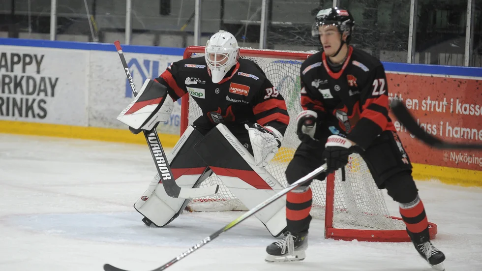 Nyköpings SK-målvakten Linus Hjerp och backen Elias Holmberg möter Sollentuna i stora ishallen på Rosvalla.