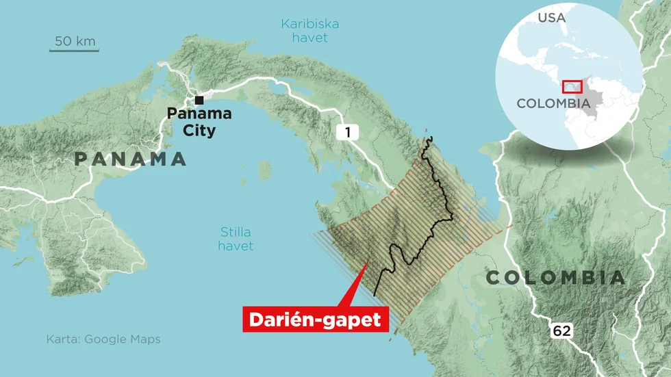 Det väglösa gränsområdet mellan Panama och Colombia kallas Darién-gapet.