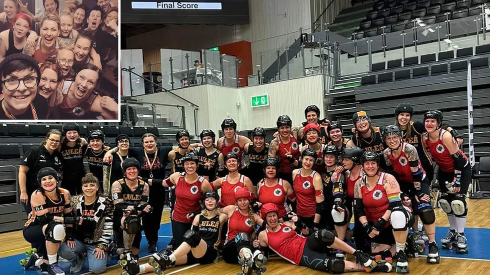 Norrköping Roller Derby (i rött) vann elitserien i helgen, här bild tillsammans med arrangerande Luleå Roller Derby samt jublet efteråt. 
