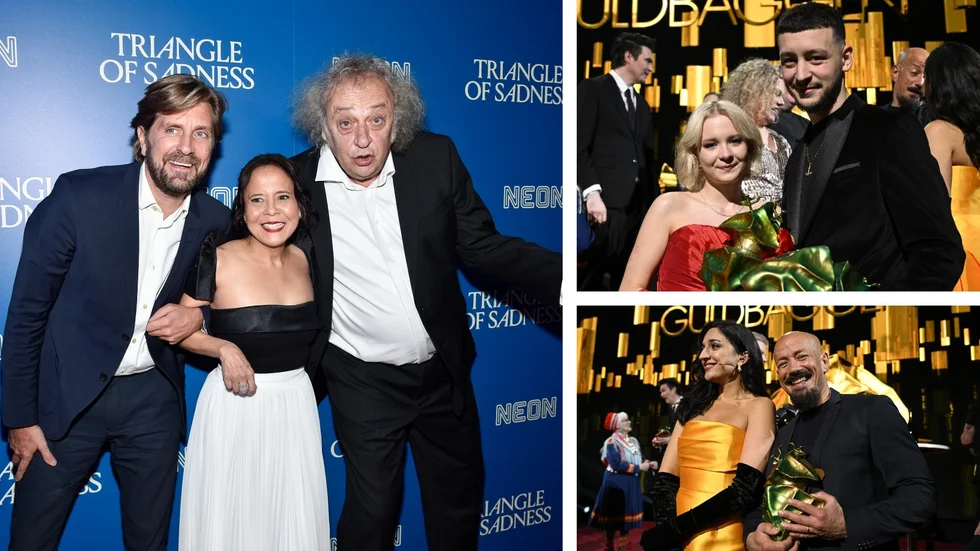 Guldbaggevinnare: Ruben Östlund med sina stjärnor Dolly De Leon och Zlatko Buric, Sigrid Johnson och Granit Rushiti, samt programledaren Parisa Amiri och Tarik Saleh.  