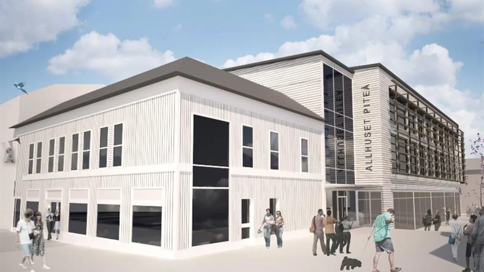 Så här ska kulturhuset se ut från Storgatan, "Allhuset Piteå" är möjligen tanken att det ska stå på fasaden.
