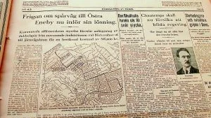 Östergötlands Folkblad den 21 februari år 1930, med spårvagnsfrågan än en gång högt på dagordningen.