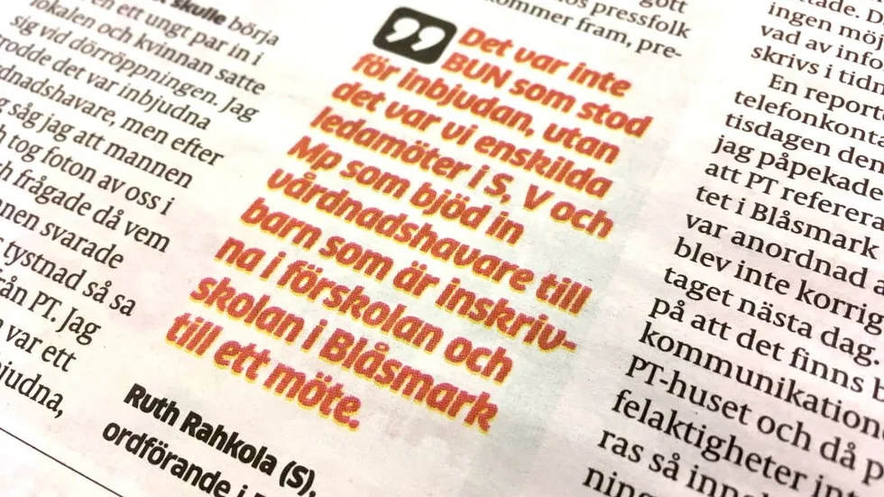PITEÅ-TIDNINGEN 28 februari. Mötet vid Blåsmark skola väcker mycket känslor. Anders Nordin (Slp) svarar på gårdagens insändare med tillhörande "svar direkt" av Barn- och utbildningsnämndens ordförande. Vad tycker du?