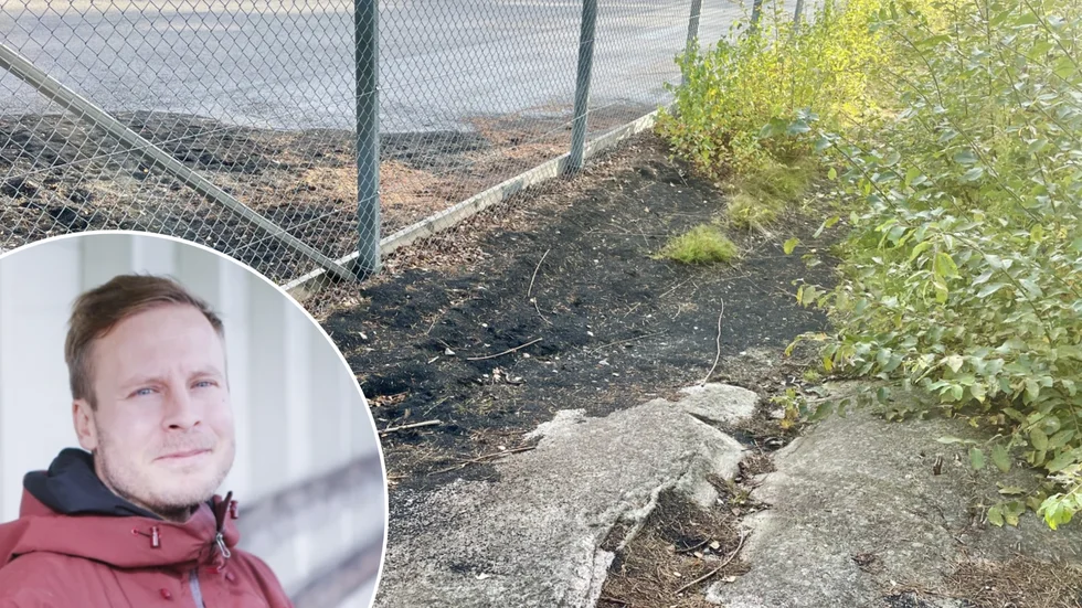 Miljöfarliga däckrester har tagit sig över träsargen och ut i naturen bakom konstgräsplanen på Backavallen. För Oskar Holmberg Brorsson kommer det som en nyhet. 
