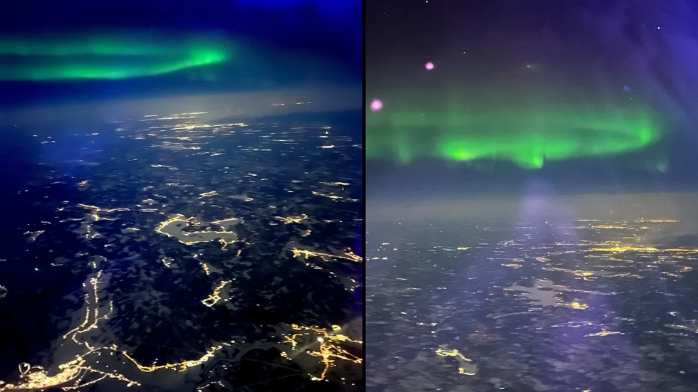 Passageraren Johan Classon lyckades fånga det magiska norrskenet från luften då piloten på SAS-planet plötsligt gör en sväng för att visa upp ljusfenomenet.