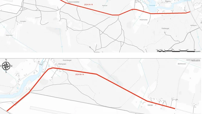 Den övre bilden visar hur gatuavstängningen sträcker sig under torsdagen den 18 april. Den nedre bilden visar avstängningen under fredagen den 19 april.