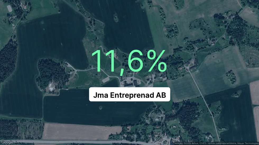 Illustrationen visar rörelsemarginalen för Jma Entreprenad för det senaste året. Bakgrunden är en satellitbild över företagets adress.