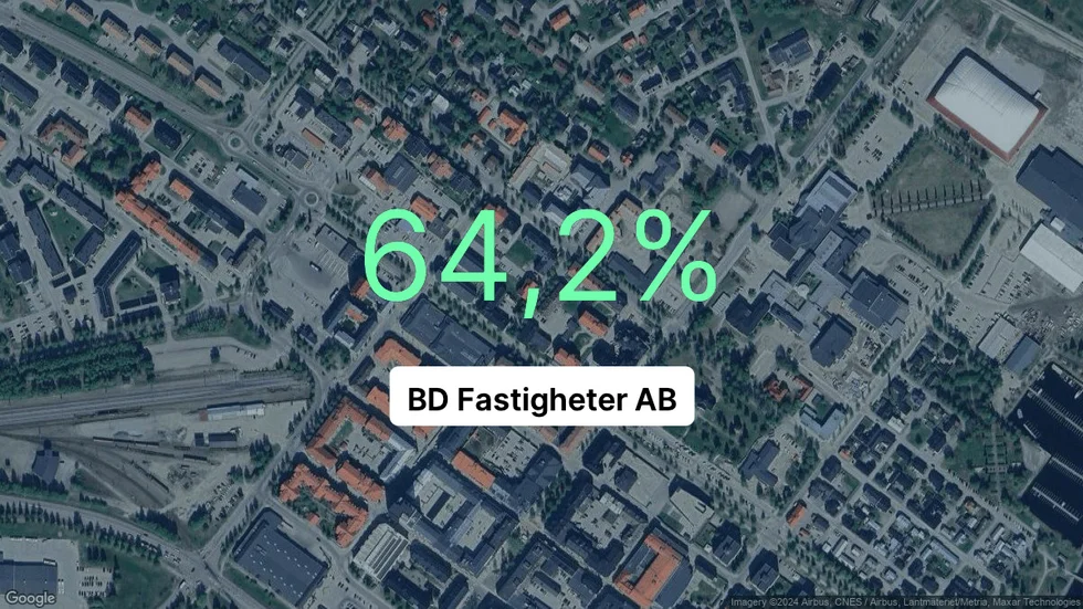 Illustrationen visar rörelsemarginalen för BD Fastigheter för det senaste året. Bakgrunden är en satellitbild över företagets adress.