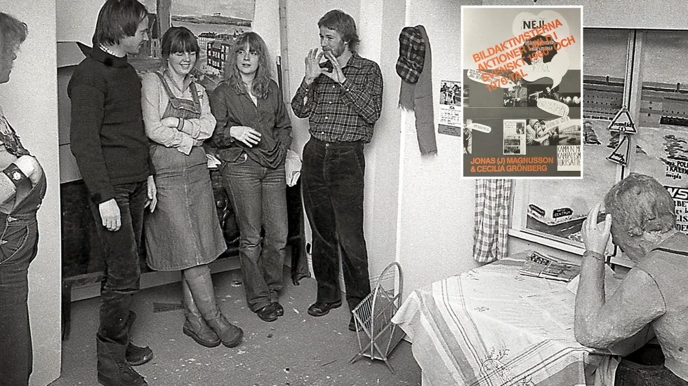 Möte med Norrbottens Bildgrupp 1 mars 1979. Helena Andersson, Curt Bylund, Elisabet Englund, Elisabet Åström och Bosse Gruselius pratar om Bildgruppens utställning som visades på Bildfestivalen på Liljevalchs i april 1978. 