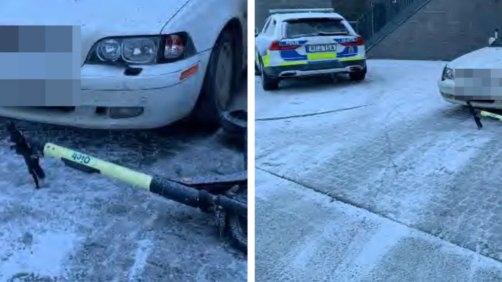 En ledig polisman färdades på elsparkcykel när han blev påkörd av en bil i närheten av polishuset i Linköping. (Bilderna är hämtade ur förundersökningen.) 