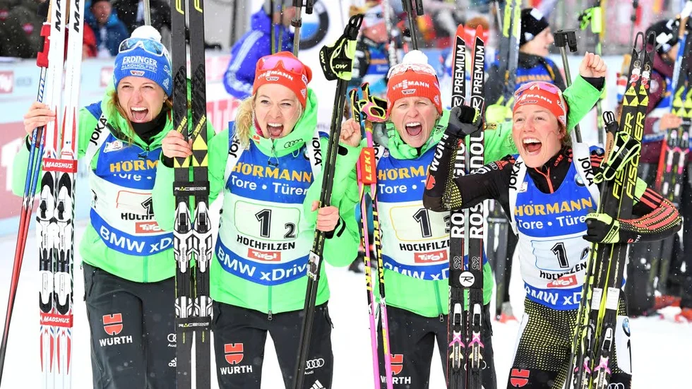 Vann. Tyskland med Vanessa Hinz, Franziska Hildebrand, Maren Hammerschmid och Laura Dahlmeier i laget tog hem guldet.