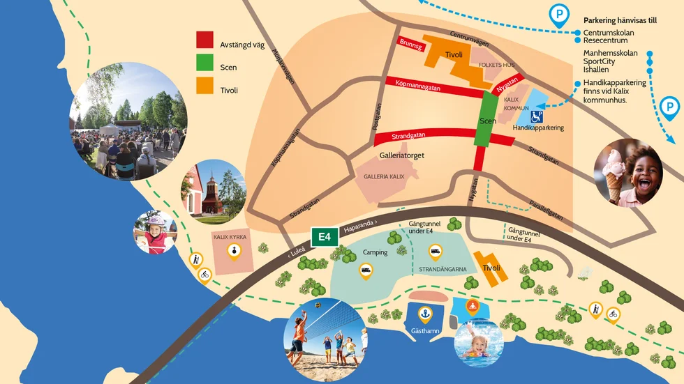 Karta över vilka gator som stängs av under Kalix sommarkalas.